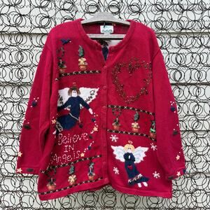 Vintage 90s Quacker Factory Christmas Angels Ugly Cardigan Sweater Red 1X